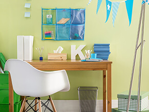 Green_tween_study_space_timber_desk_white_chair_blue_cooks_green_containers_boxes_metal_bin